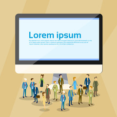 Business People Crowd Over Desktop Computer Monitor Empty With Copy Space