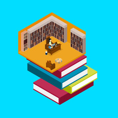 Woman Work At Laptop In Book Store Libraty 3d Isometric 