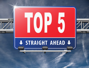 top 5 charts list pop poll result and award winners chart ranking music hits best top five quality rating prize winner road sign billboard .