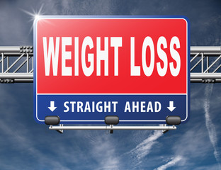 weight loss lose extra pounds by sport or dieting losing kilos road sign billboard..