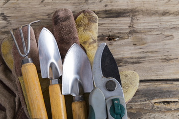 Gardening trowels secateurs and gloves