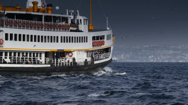 large ship leaves the seaport