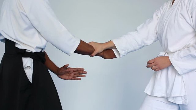 Martial arts master in black hakama practice Aikido with a woman on martial arts training