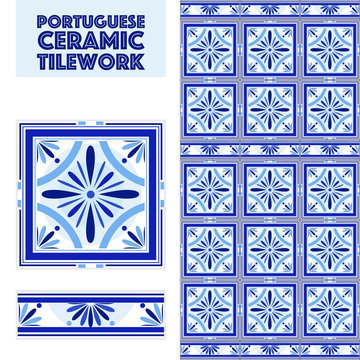 Vector Portuguese ceramic tiles set with border. Tiles for bathroom, kitchen, patio. Old traditional vintage style