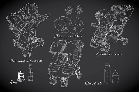 hand drawn set for twins. Graphic sketch strollers, car seats, b