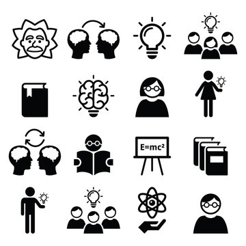 Knowledge, creative thinking, ideas vector icons set 