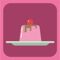 Candy card with a big jelly cream cake on a green plate, a red cherry with green leaf on top, over a pink background. Digital vector image.