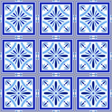 Vector Portuguese ceramic tiles set pattern. Tiles for bathroom, kitchen, patio. Old traditional vintage style