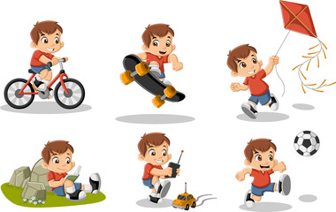 Cute happy cartoon boy playing. Sports and toys.
