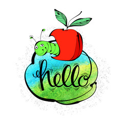 Hand-drawn letters and a funny worm with the Apple in watercolor background.