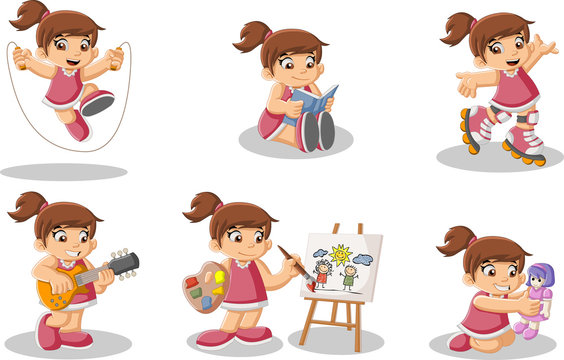 Cute happy cartoon girl playing. Sports and toys.
