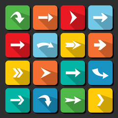 Colorful arrow icon collection on square web buttons.