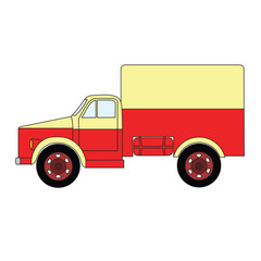 Red and yellow cartoon retro car. Vector retro car truck. Vintage simple retro car truck.