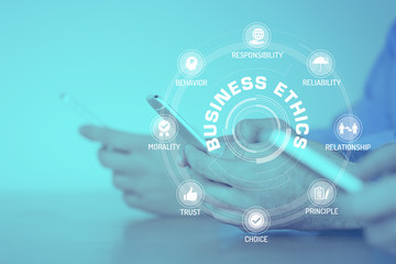 BUSINESS ETHICS CONCEPT with Icons and Keywords