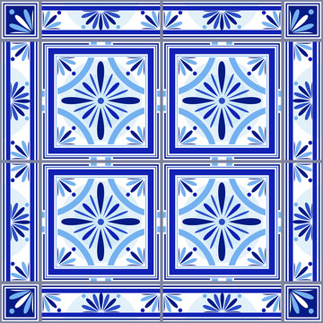 Vector Portuguese ceramic tiles set with border. Tiles for bathroom, kitchen, patio. Old traditional vintage style