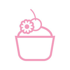 Card with a pink cream cake with a cherry on top over a white background, in outline style. Digital vector image.