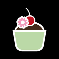 Card with a cream cake with a red cherry on top over a black background, in outline style. Digital vector image.