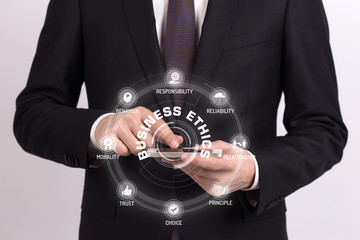 BUSINESS ETHICS CONCEPT with Icons and Keywords