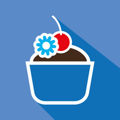 Card with a cream cake with a cherry on top with shadow over a blue background, in outline style. Digital vector image.