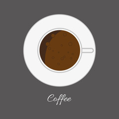 Top view of a white cup of hot brown coffe with foam and bubbles in outlines, over a silver background, digital vector image