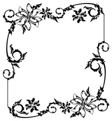Black and white grunge frame with abstract floral elements. Vector clip art.