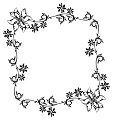 Black and white grunge frame with abstract floral elements. Vector clip art.