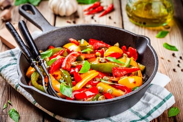 Italian cuisine, peperonata: roasted bell pepper with capers and basil