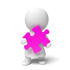 human white 3d person wearing a gown holding a pink puzzle piece (3D illustration isolated on a white background)