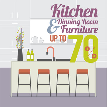 Kitchen Room Sale Up to 70 Percent Banner Vector Illustration.