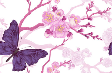 Seamless pattern with butterfly and cherry branch.