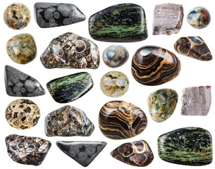 set of various natural rhyolite mineral stones