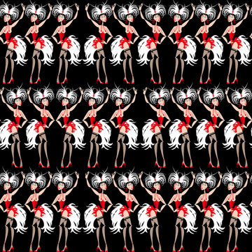 Showgirls. Women performing a dance. Seamless background pattern