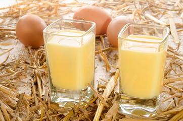 home made eggnog, shot glass and fresh eggs in the straw