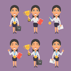 Fototapeta premium Businesswoman Holds Suitcase Cup and Medal