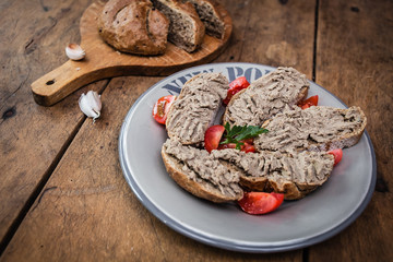 homemade pate with bread and garlic