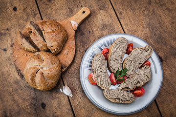 homemade pate with bread and garlic