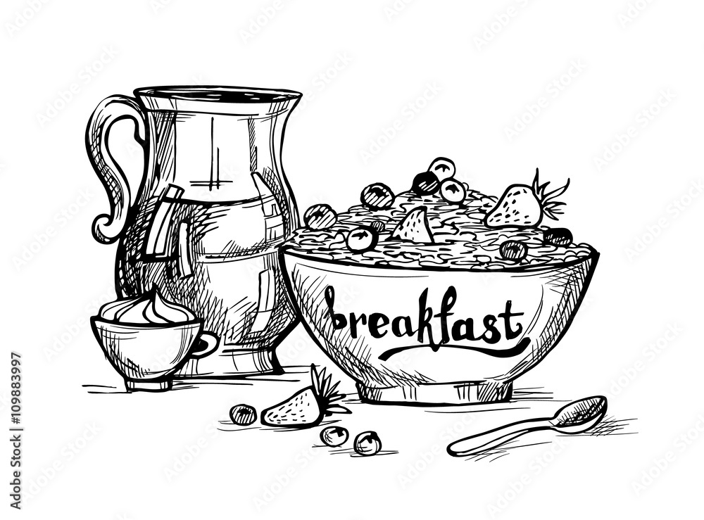 Wall mural Hand drawn illustration - Breakfast with milk, fruit and oatmeal