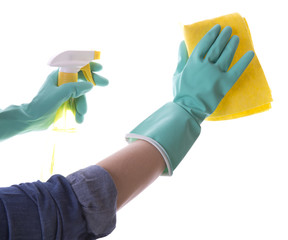 hands in rubber gloves to keep the cleaning sponge on white background