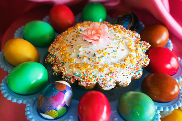 Easter cake and painted eggs on  dish.