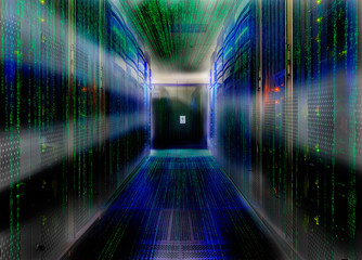symmetrical data center room with futuristic beams and rows of e