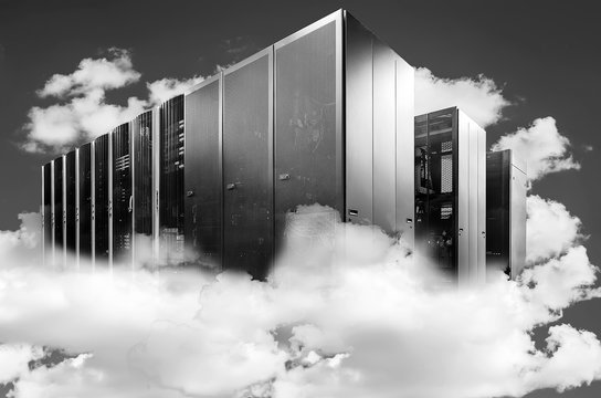Computer  in a cloudy sky as a symbol for cloud-computing