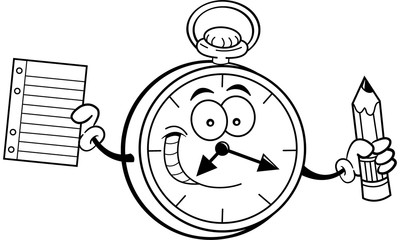 Black and white illustration of a pocket watch holding a paper and pencil.