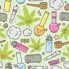 Marijuana kawaii cartoon seamless vector background