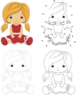 Cartoon doll in a red dress. Dot to dot game for kids