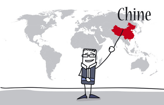 Personnage qui montre la Chine sur une carte du monde
