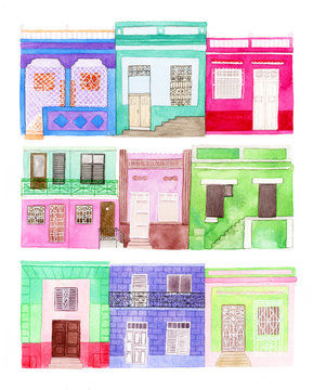 Old colorful house set. Hand drawn houses - buildings from Latin America towns. Real watercolor drawing.