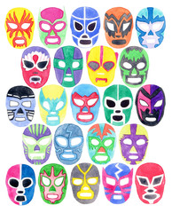 Luchador or fighter mask set. Hand-drawn lucha libre free fight masks - helmets on the white background. Real watercolor drawing.