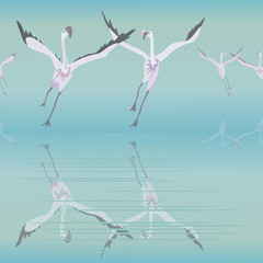 Fototapeta premium Abstract sketch soaring flamingos in the pond, seamless pattern