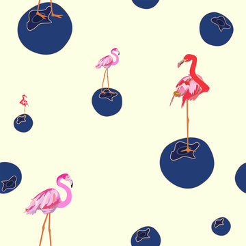 Drawing flamingos with berry blueberries, fashion design, seamless pattern