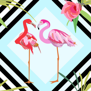 Drawing a pair of red and pink flamingos, a striped background with flowers seamless pattern